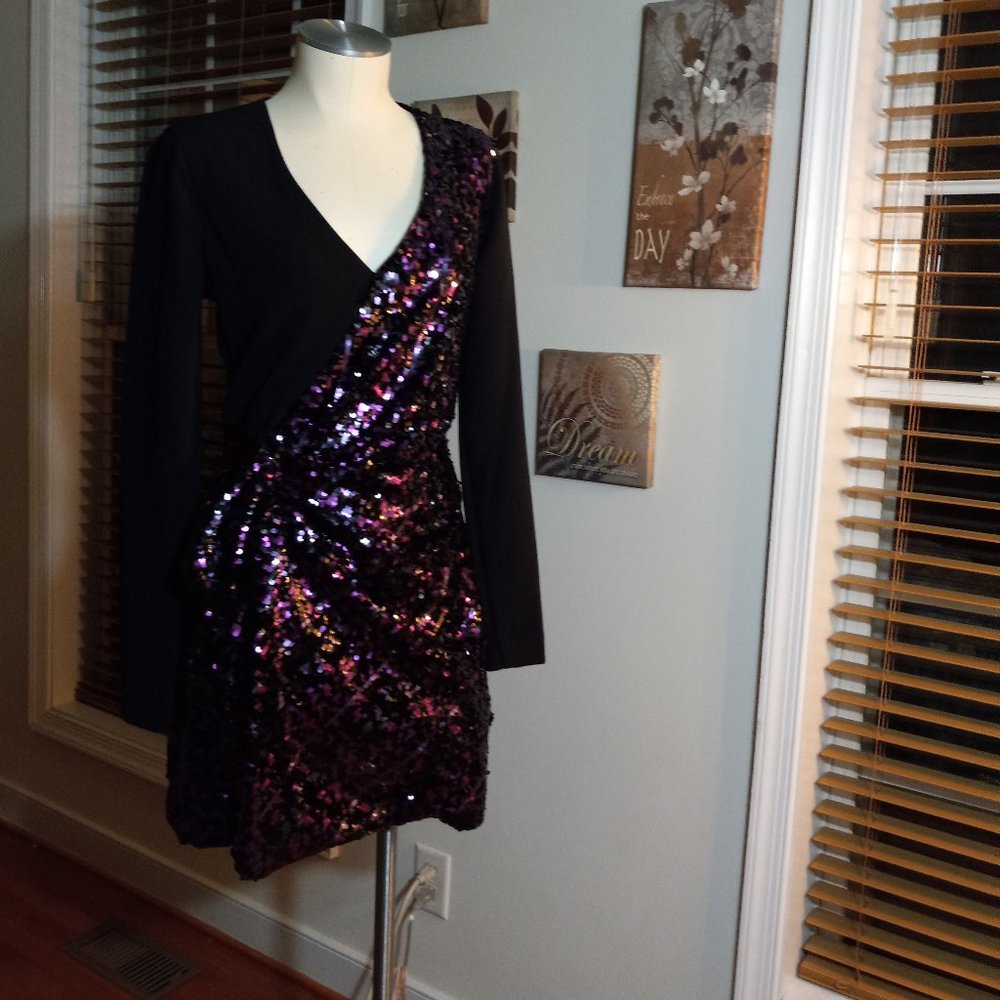 NEW Becca Surplice Long-Sleeve Sequin Combo Mini Dress Size 4
